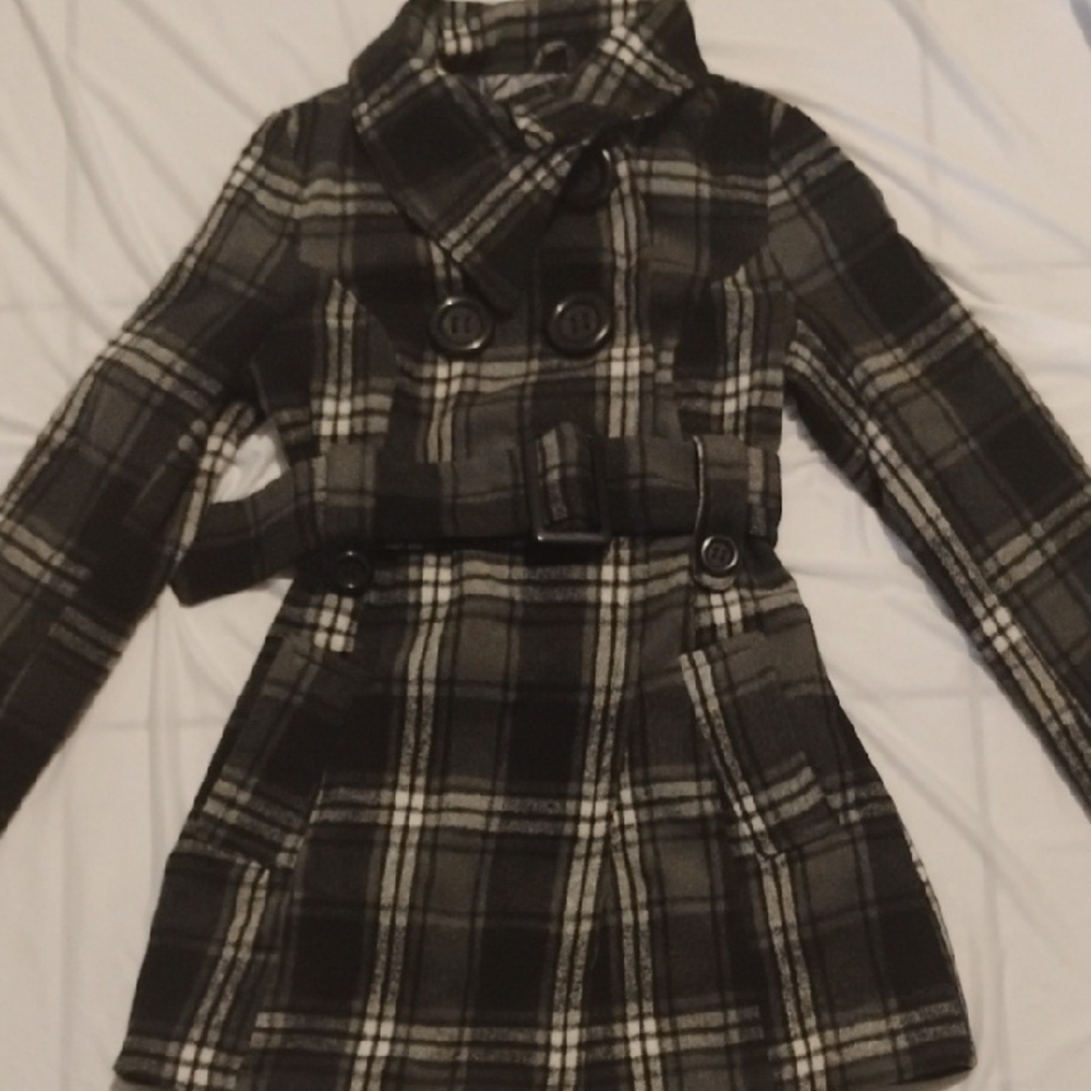 Rue21 Black and White Plaid Pea Coat with Belted Waist